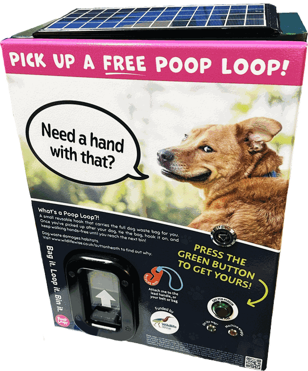 Solar-powered Poop Loop dispenser with a press button and a free loop offer on the front panel